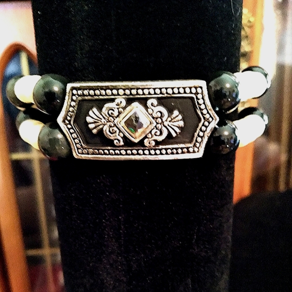 Handmade Obsidian and Faux Pearl Bracelet